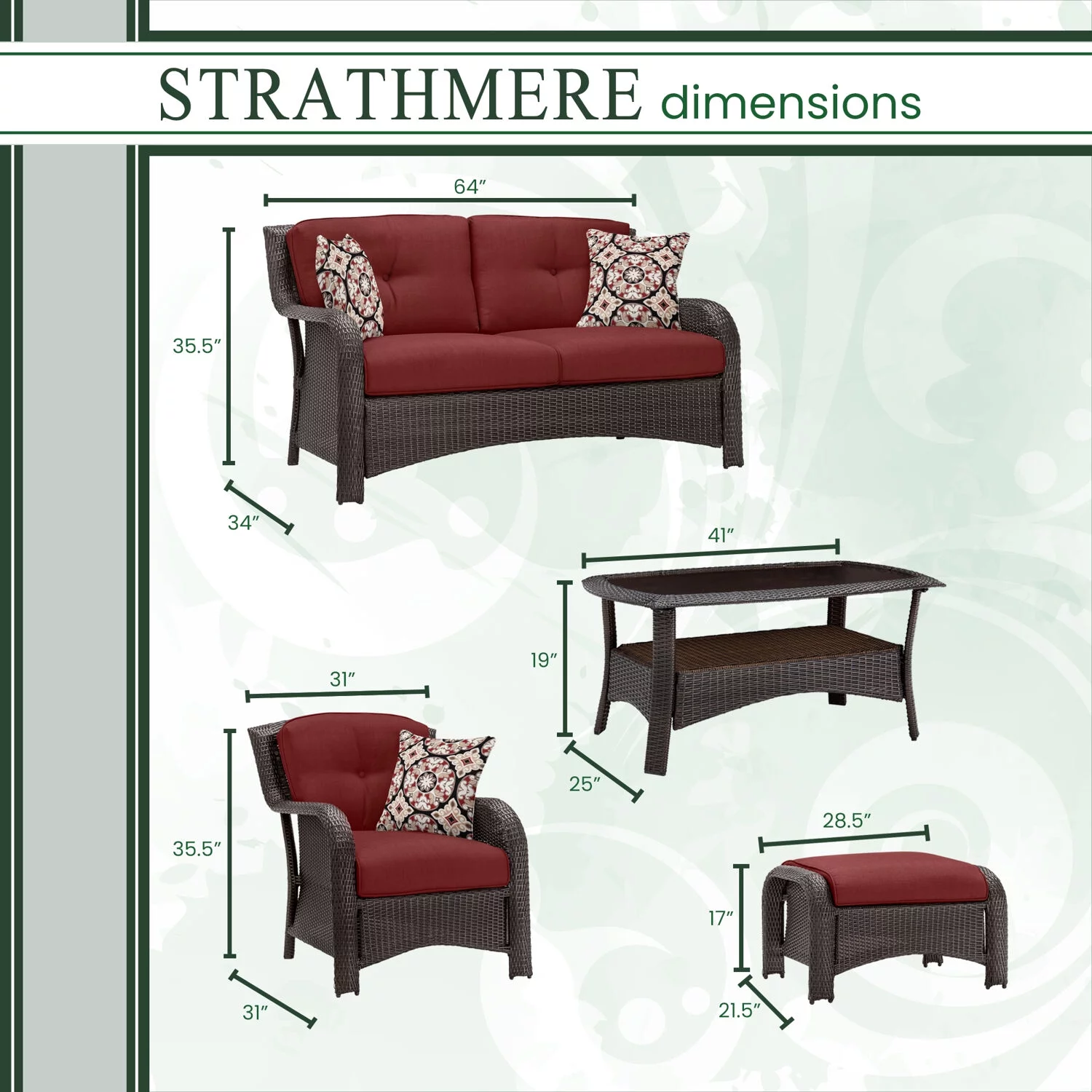 Hanover Strathmere 6-Piece Wicker Outdoor Conversation Set, Crimson Red