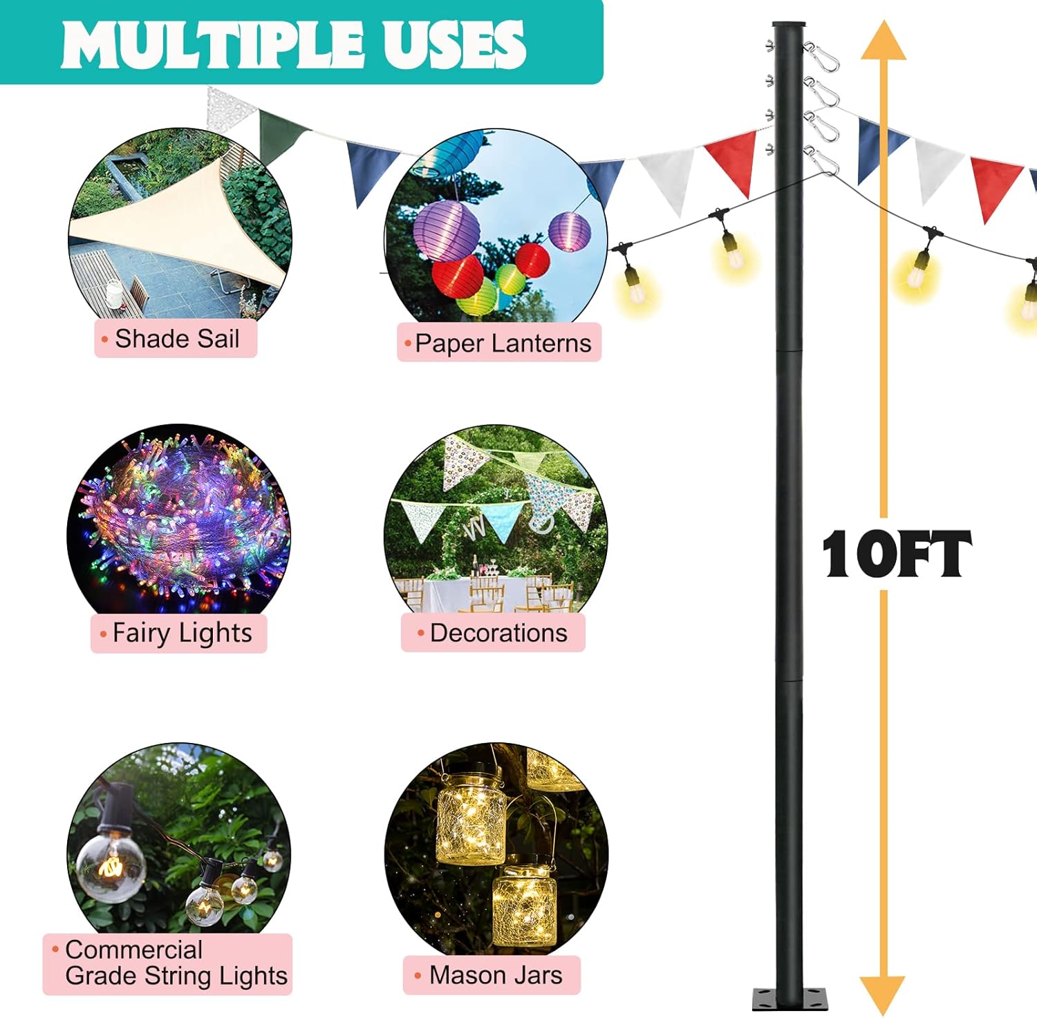 Slsy Outdoor String Light Pole Stand 8/10 FT, Awning Canopy Support Pole for Concrete Deck