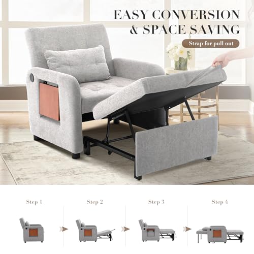 COLAMY Convertible Sleeper Chair-Fabric Futon Sofa Bed, Single Sleeper Sofa, Small Couch Bed with USB Port, Foldable Table, Pillow
