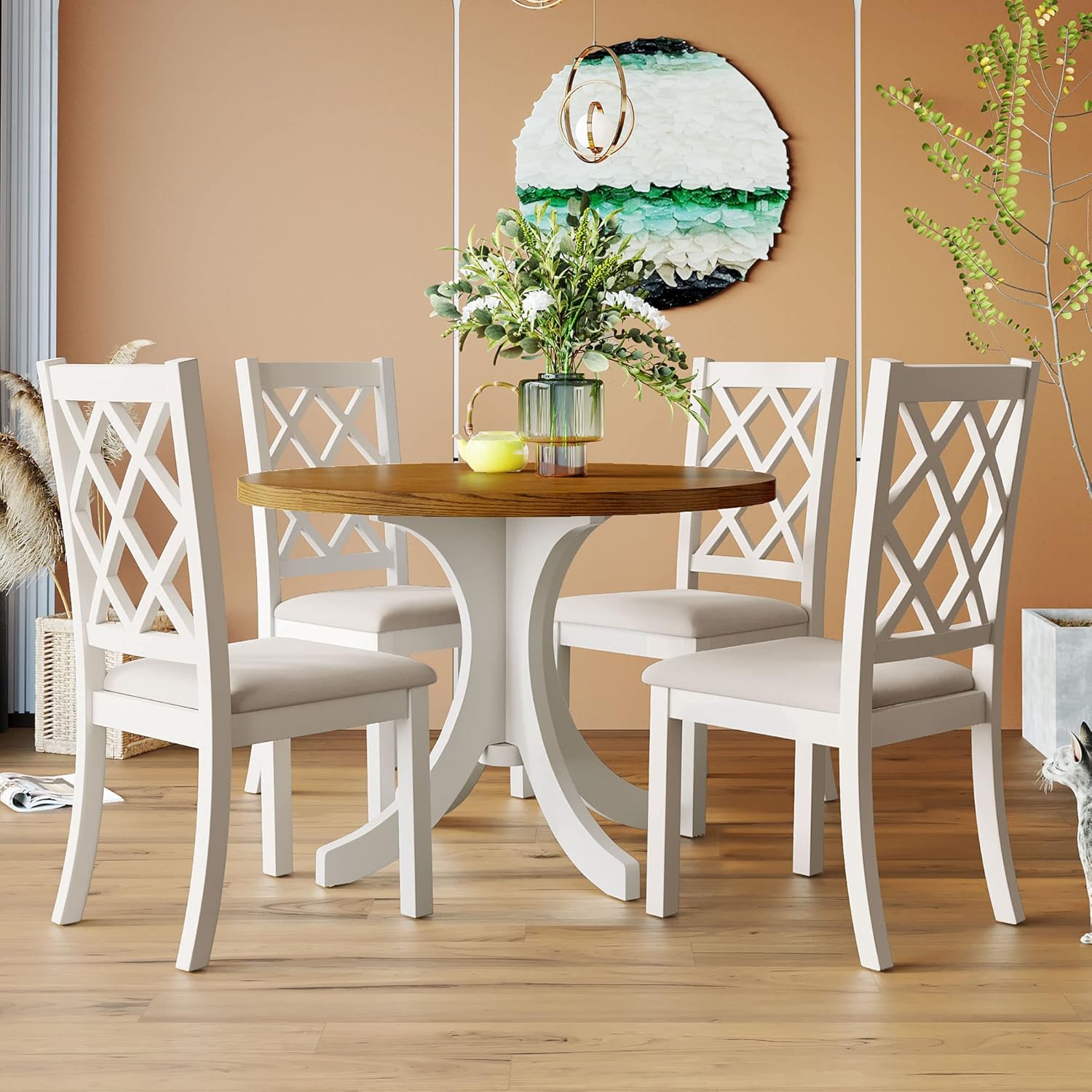 LUMISOL 5 Piece Round Dining Table Set, Wooden Kitchen Table Set with 4 Upholstered Chairs, Framhouse Dining Room Table and Chairs Set for 4, Walnut