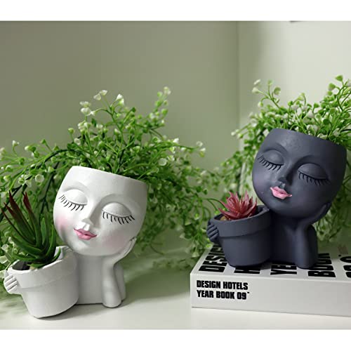 Head Planter Face Flower Pot, Dolkgy Woman Face Planter Unique White Head Planters for Indoor Outdoor Plants