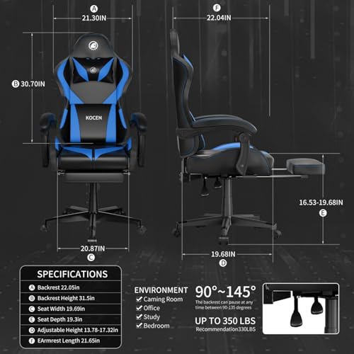 Gaming Chairs for Adults Tall and Kids，Lumbar Support,LED Lights，High Back Reclining Computer Chair with Headrest (Black+Blue)