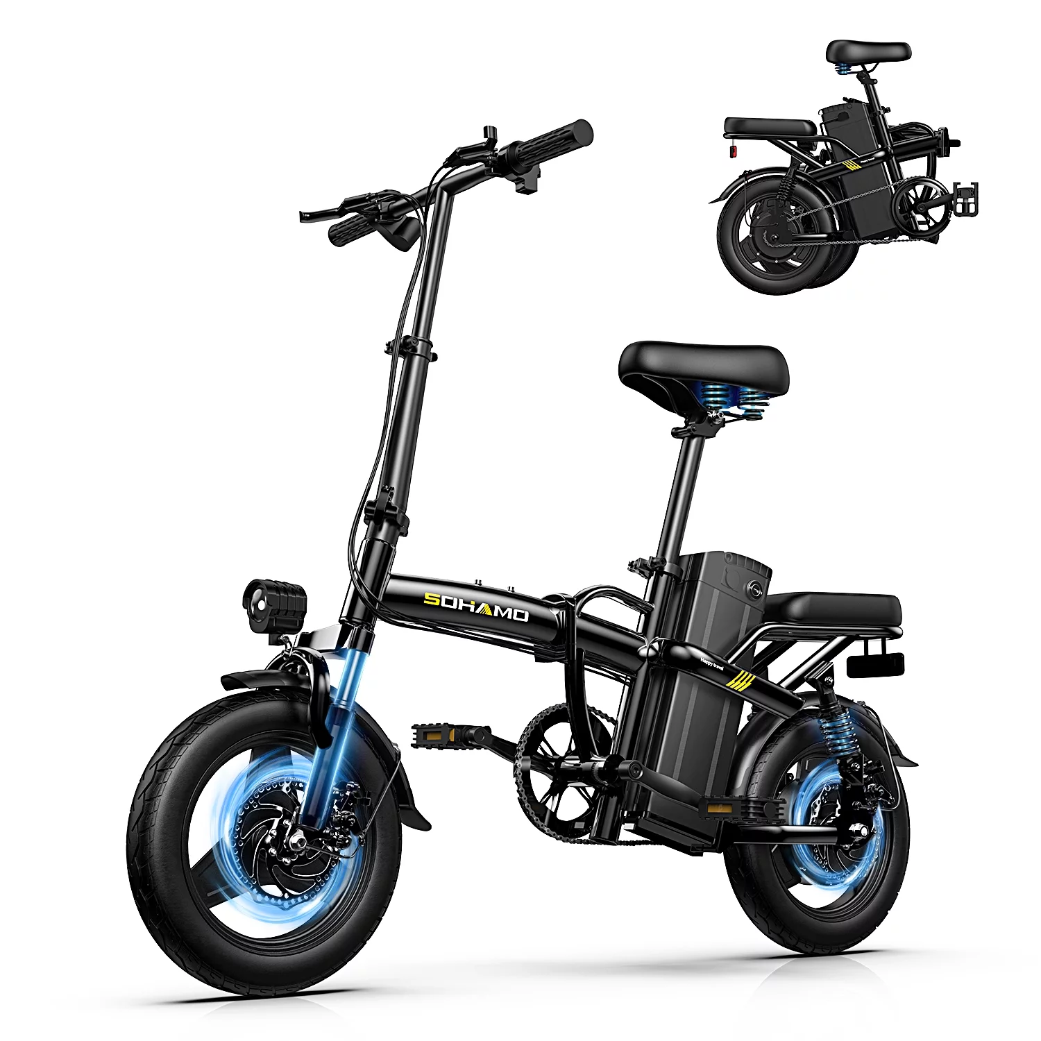 SOHAMO Electric Bike w/400W Motor and 48V 13Ah Removable Battery Folding Ebike for Adults and Teens, Full Suspension, 3 Levels Assist