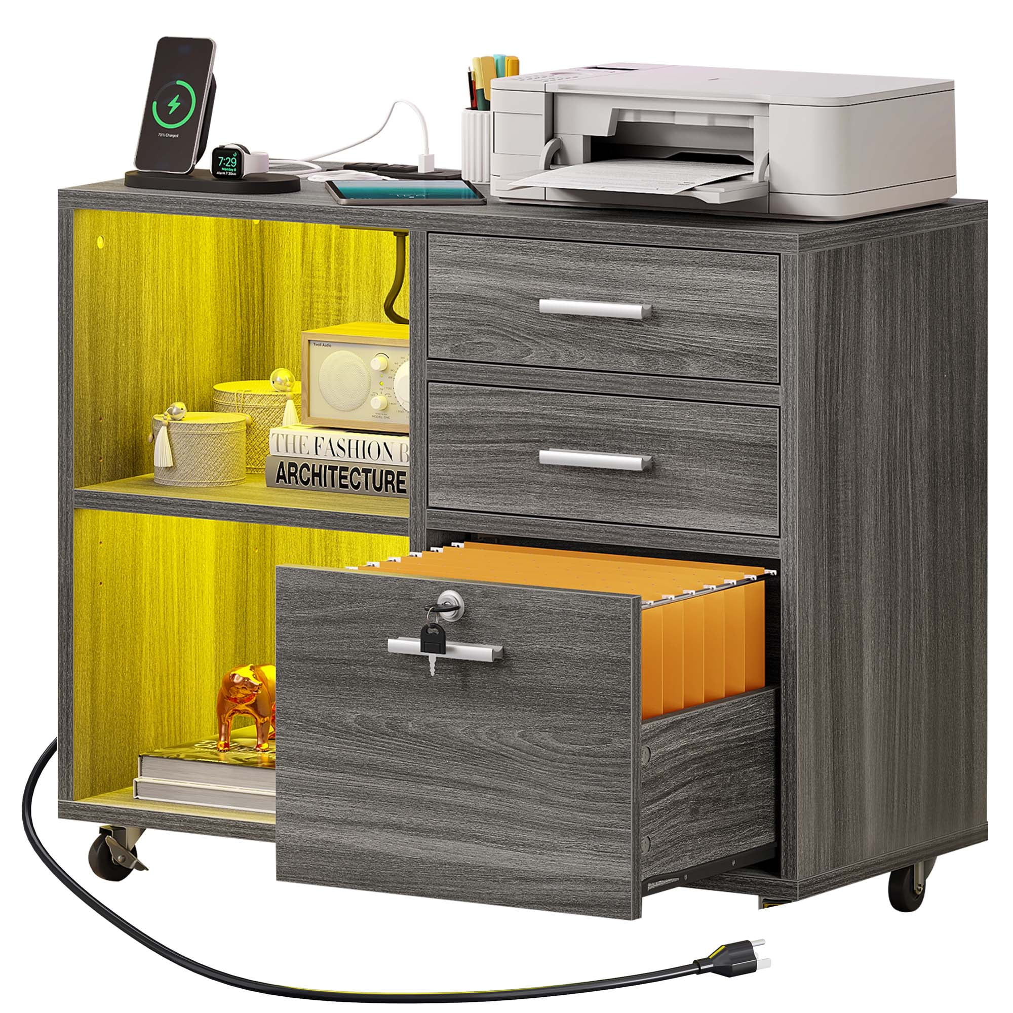 Dextrus 3 Drawer File Cabinet with Charging Station& Lock& LED Light, Mobile Lateral Filing Cabinet Rolling Printer Stand for Office,Black