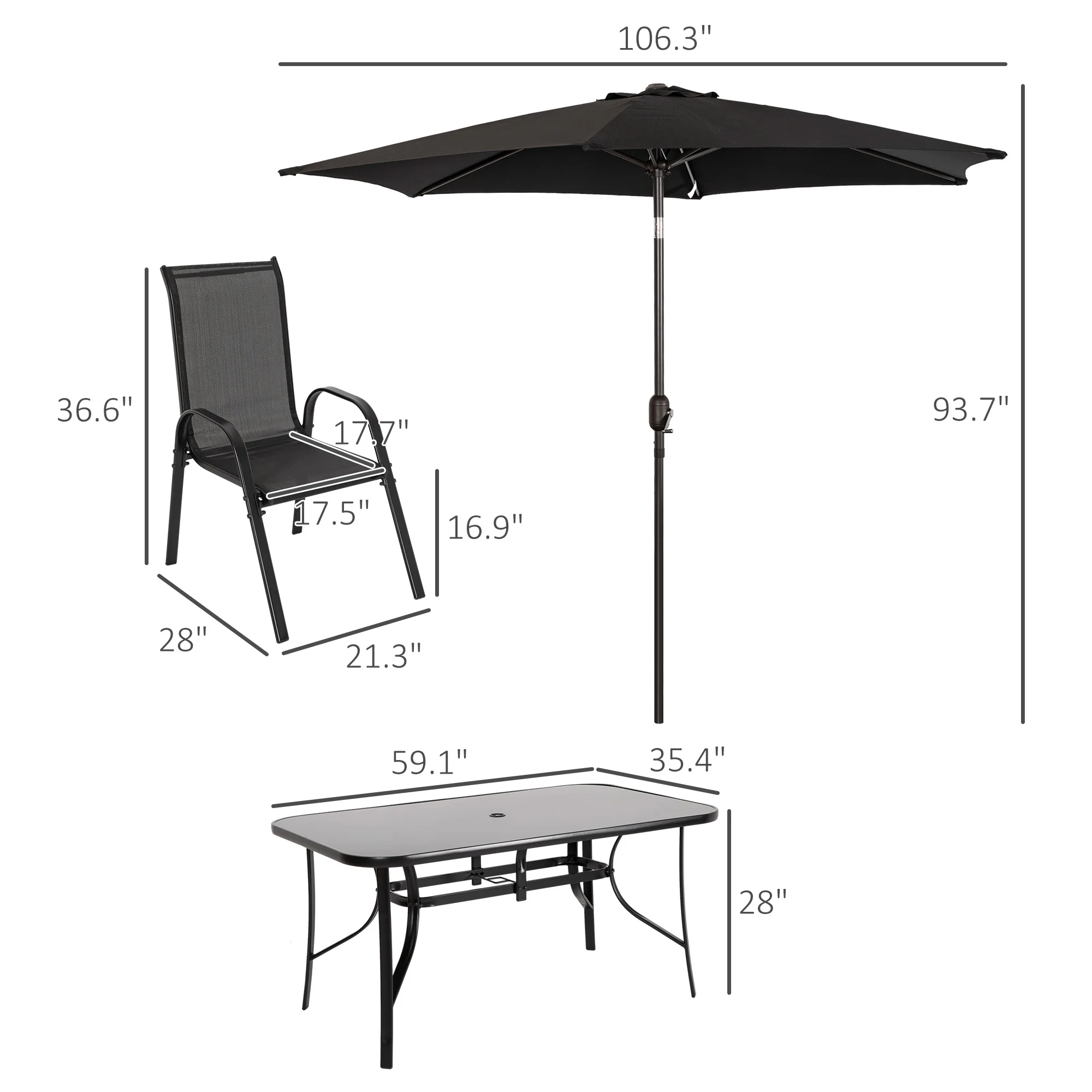 Outsunny Patio Dining Set for Six, Table & Chairs w/ Umbrella, Black