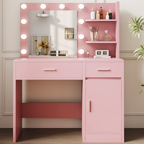 Vanity Desk with Mirror and Lights, Makeup Vanity with Drawer & Storage Shelves, Cabinet, 3 Lighting Modes Adjustable Brightness