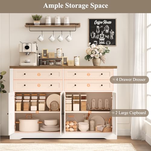 HOSTACK 55" Coffee Bar with 4 Large Drawers, 40" Tall Buffet Cabinet with Storage, Kitchen Storage Cabinet, Modern Farmhouse Sideboard Buffet