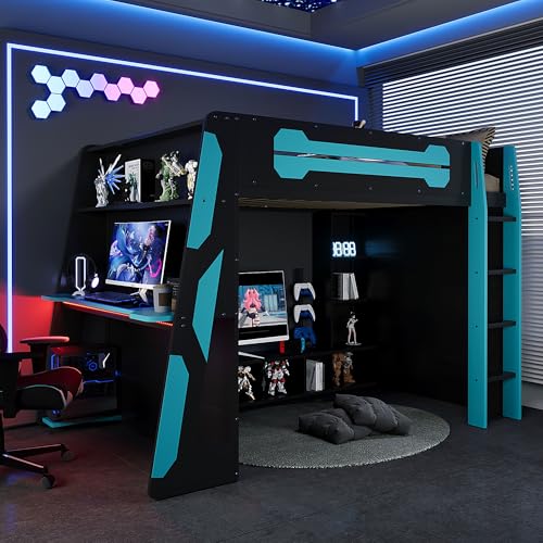 Modern Full Size Gaming Loft Bed with Built-in Desk and Storage Wardrobe, Wood Loft Bed Frame with Light Strip and 2 Drawers