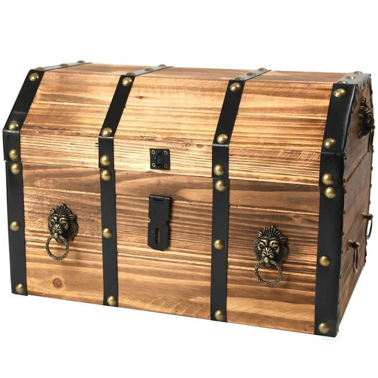 Large Wooden Pirate Lockable Trunk with Lion Rings - Curated Treasures Market