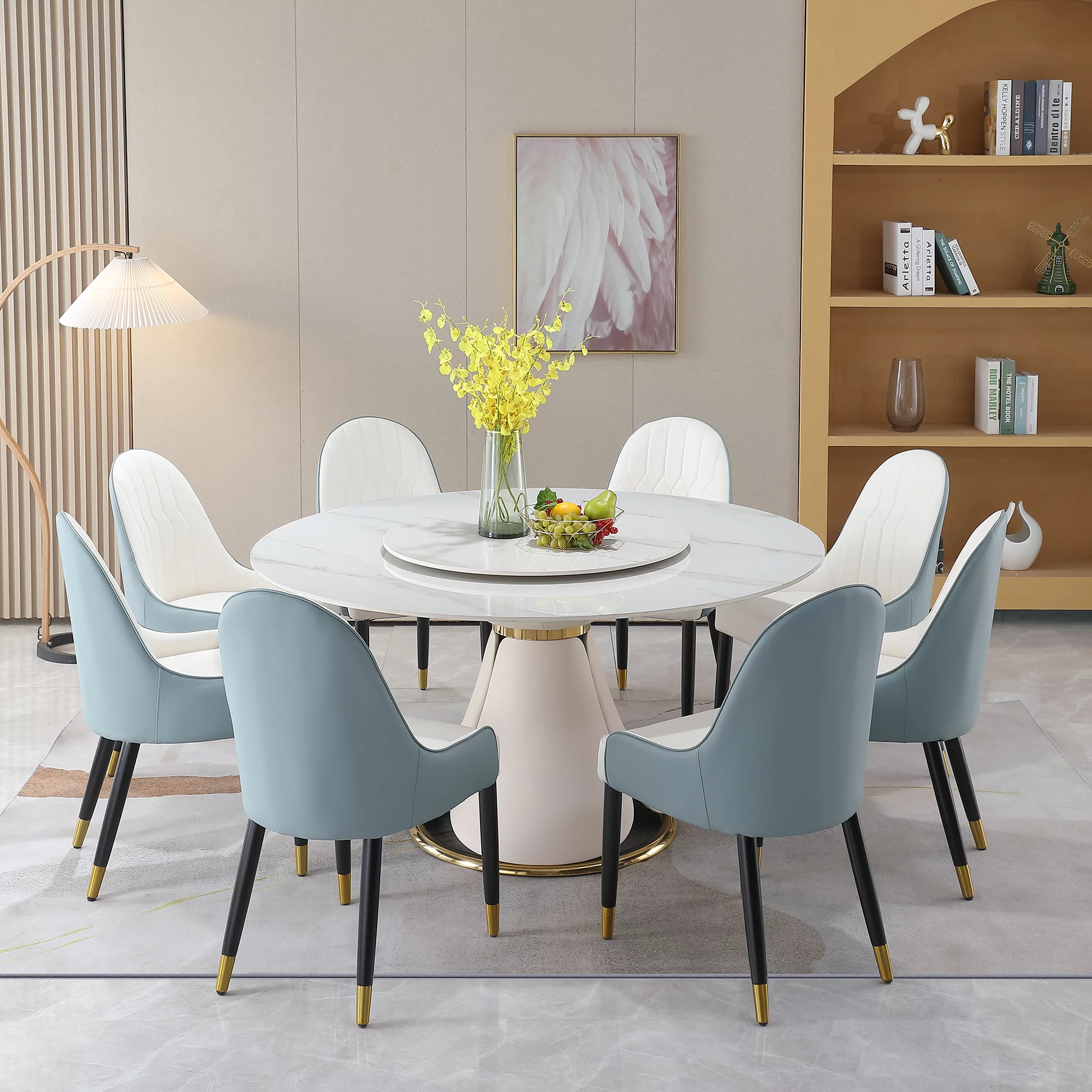 59” Leavader Sintered Stone Round Kitchen Dining Table Set with 31.5” Round Turntable for 8 People with Stainless Steel Base with 8 Chairs