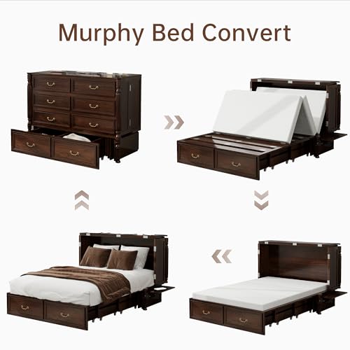 Murphy Bed Cabinet Full, Solid Wood Murphy Bed with 2 USB & 2 Charging Ports, Large Storage Drawer for Home Office or Small Space