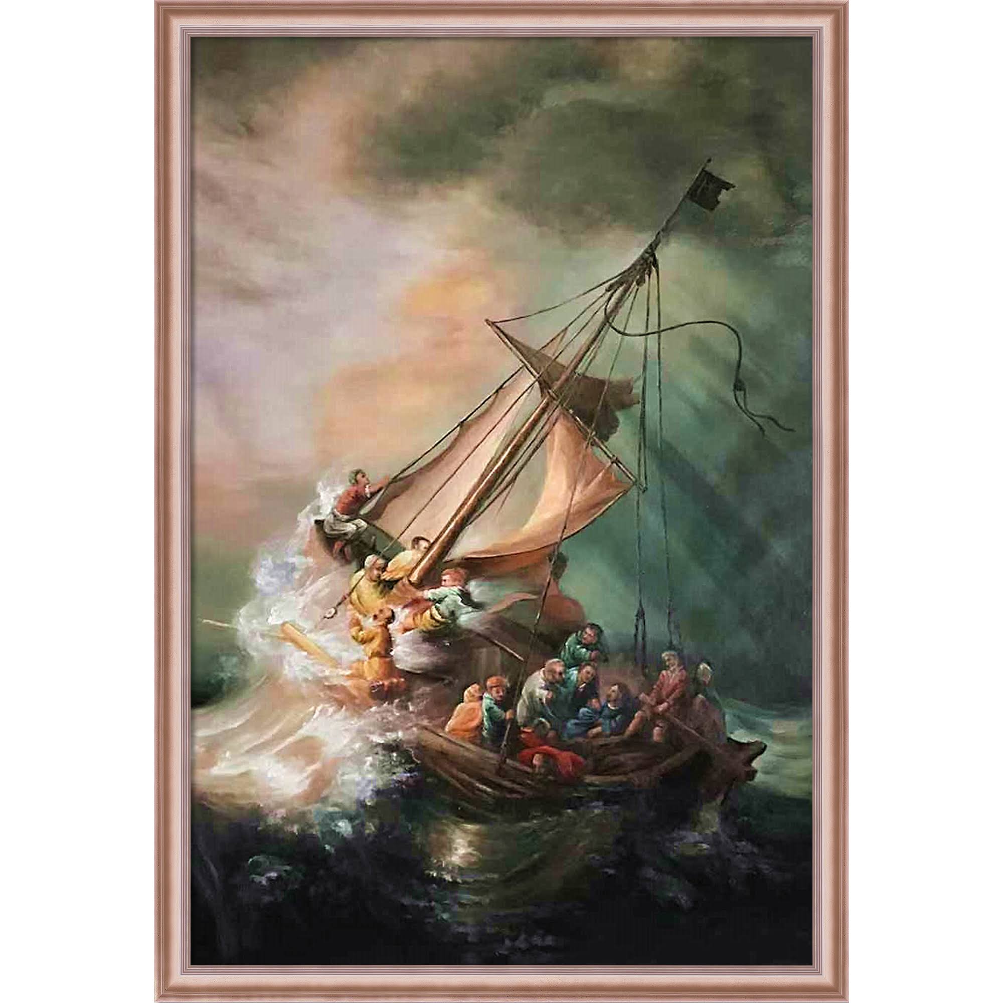 The Storm on The Sea of Galilee by Rembrandt Hand Painted Oil Painting with Rose Gold Classico Frame 24x22 x 36x22