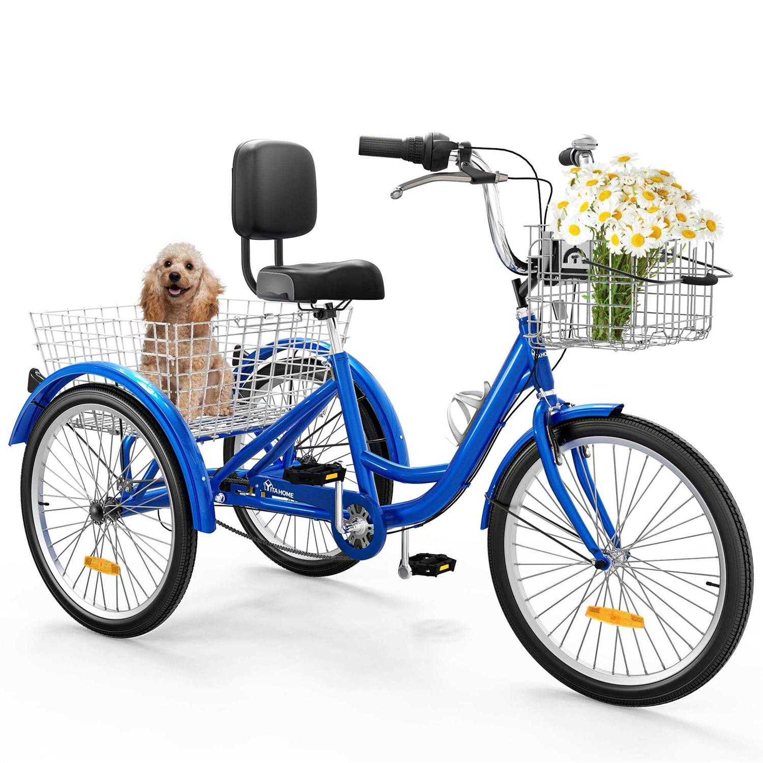 YITAHOME 7 Speed Adult Tricycle 24 &amp; 26 Inch 3 Wheel Bikes Trike Bike for Adults with Removable Baskets - Sports Supplies Online Store