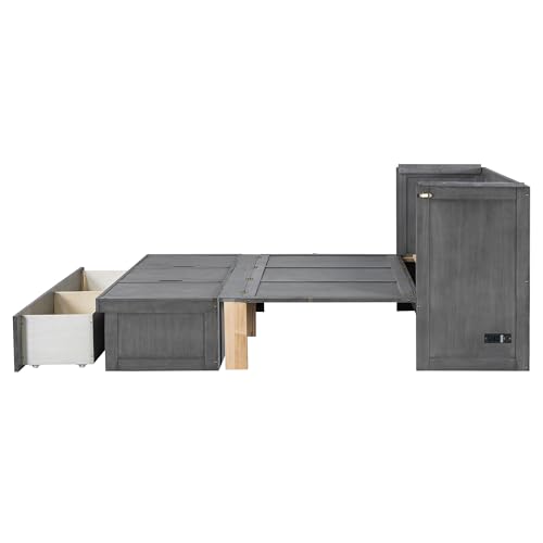 Harper & Bright Designs Full Size Murphy Bed Wall Bed, Solid Pine Murphy Bed Chest Cube Cabinet Bed with USB