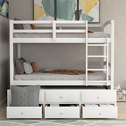 Harper & Bright Designs Twin Over Twin Bunk Bed with Storage Drawers, Solid Wood Bunk Bed Frame with Trundle, for Kids, Teens, Adults (Espresso)