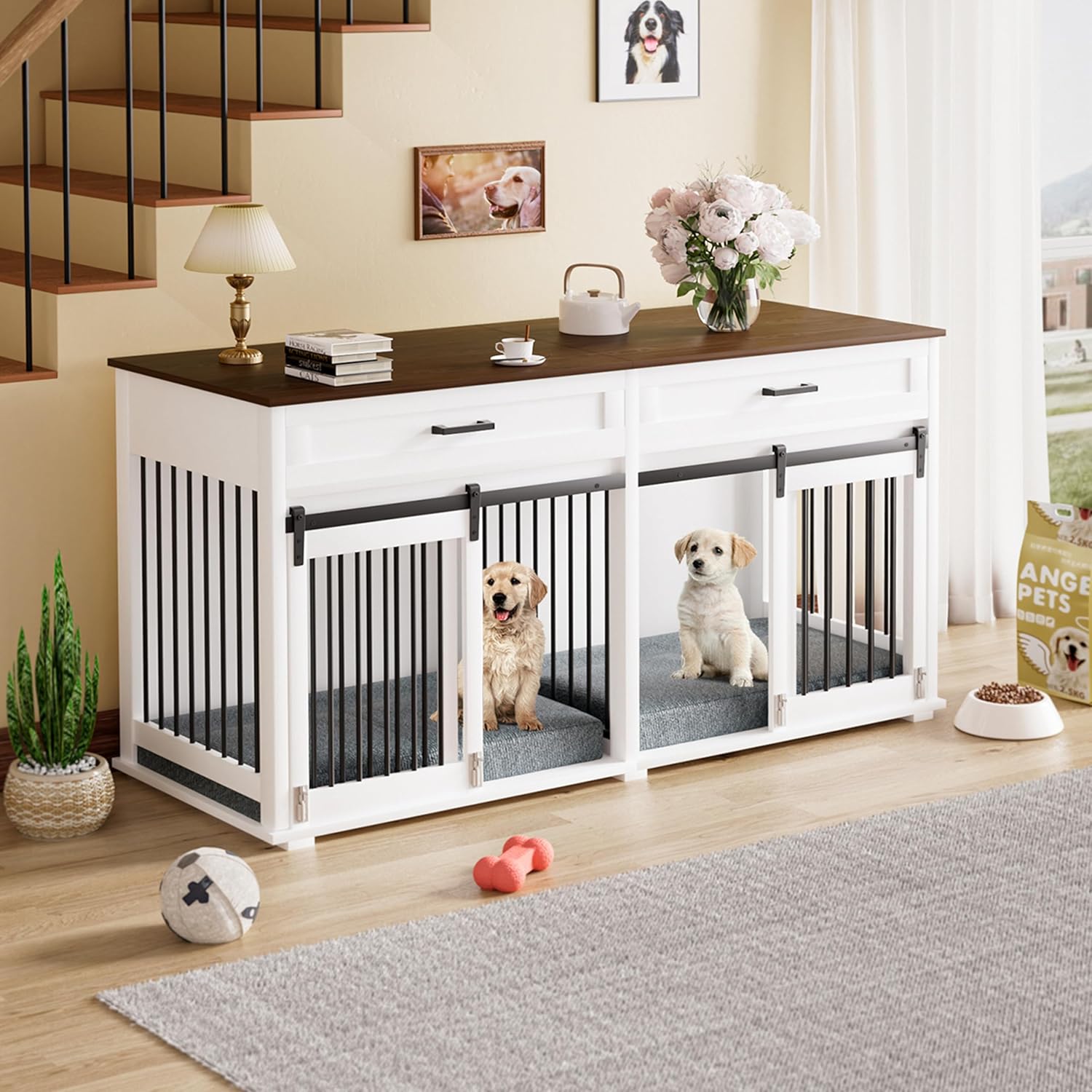 VEIKOU Dog Crate Furniture with 2 Storage Drawers, 2-in-1 Double Dog Kennel Furniture for Large Medium Small Dogs