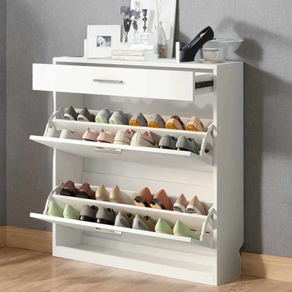 Slim Entryway Organizer with 2 Flip Drawers, Tempered Glass Top Shoe Storage Cabinet with Drawer