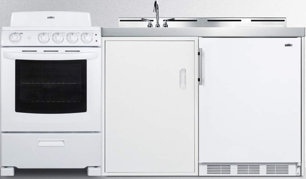 Summit Appliance ACK72COILW 72" Wide All-in-One Kitchenette with 220V 4-Element Electric Coil Range, Refrigerator-Freezer, Sink