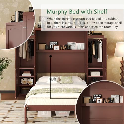 Polib Full Size Murphy Bed with Two Wardrobes and Storage Shelf, Space-Saving Wall Cabinet Bed with Foldable Platform Bedframe for Small Bedrooms