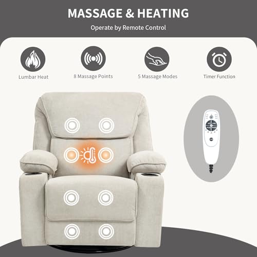 Rocker Recliner Chair with Massage and Heated, 360°Swivel Rocking Chairs with Cup Holders Remote Control for Living Room (Gray Oatmeal)