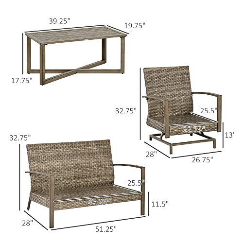Outsunny 4 Piece Wicker Patio Furniture Set with 2 Rocking Chairs, Loveseat Sofa, Outdoor PE Rattan Conversation Set with Cushions