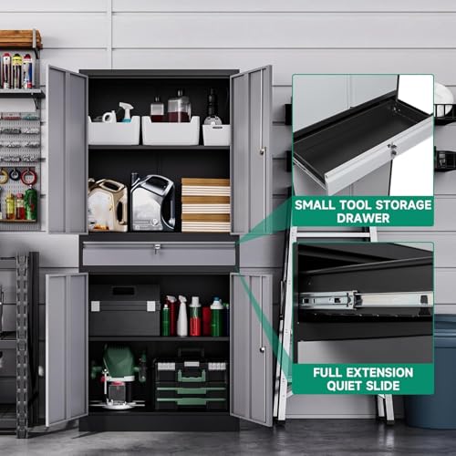 Letaya Metal Garage Storage Cabinet with Drawer,4 Door Tool Cabinet with Lock-2 Adjustable Shelves for Garage Home Office Utility Room (Black)