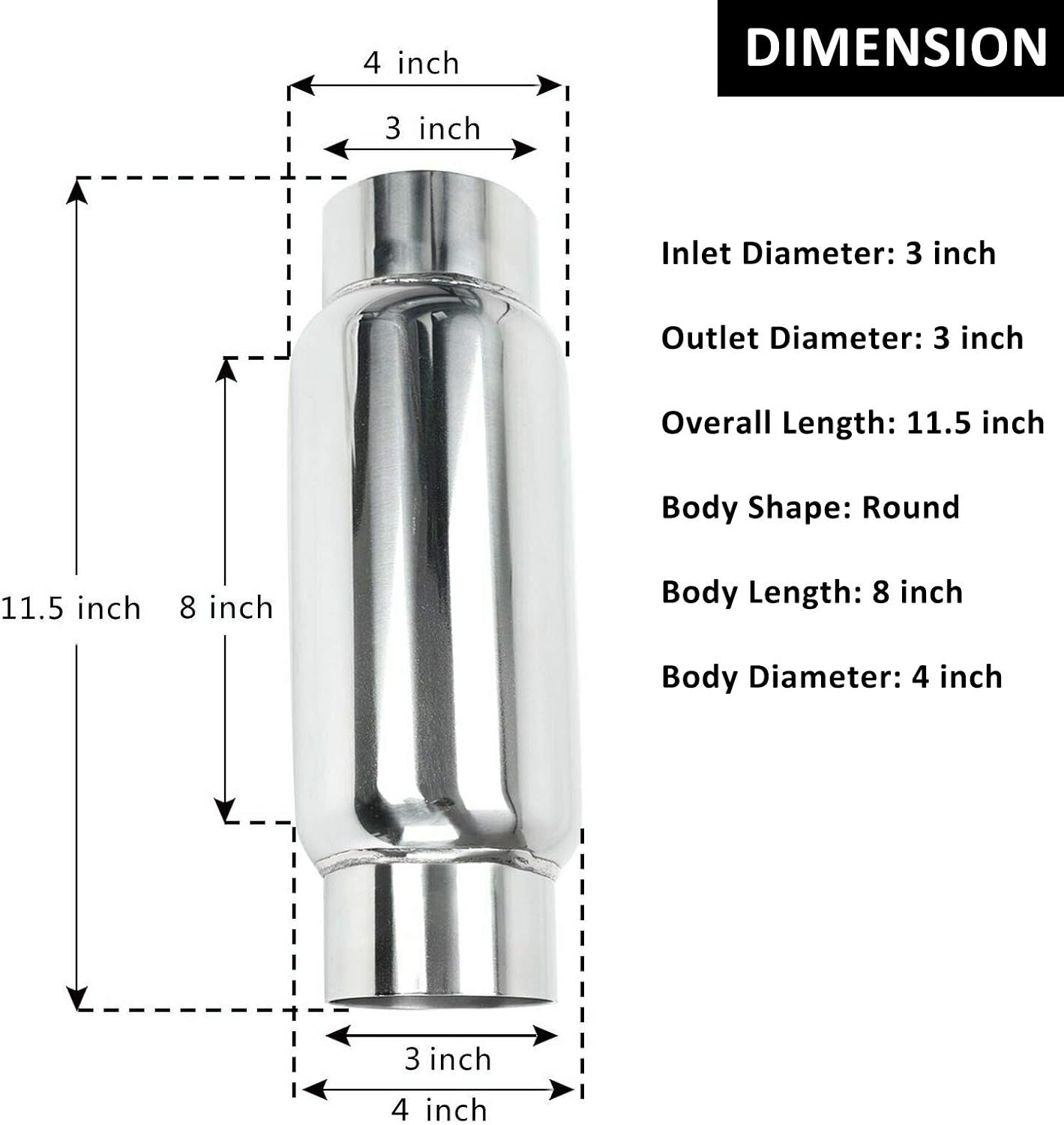 BLACKHORSE-RACING 3" Inlet 3" Outlet Exhaust Muffler, Pair of 3 Inch Resonator Universal Stainless Steel Exhaust Muffler Resonator for Cars