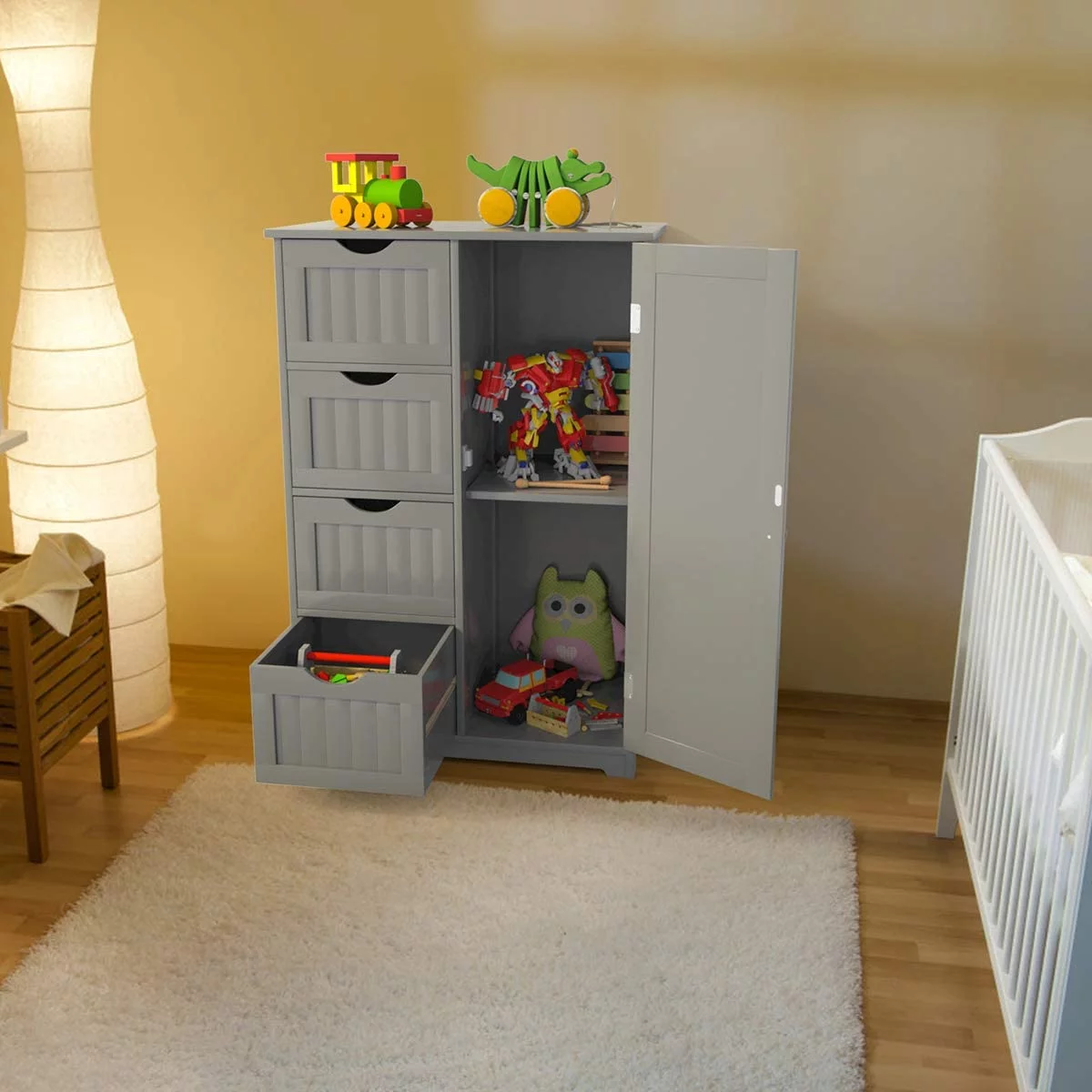 Bathroom Storage Cabinet Freestanding, Floor Cabinet with 4 Drawers & 1 Cupboard, 3-Level Adjustable Shelf & Anti-Toppling Device