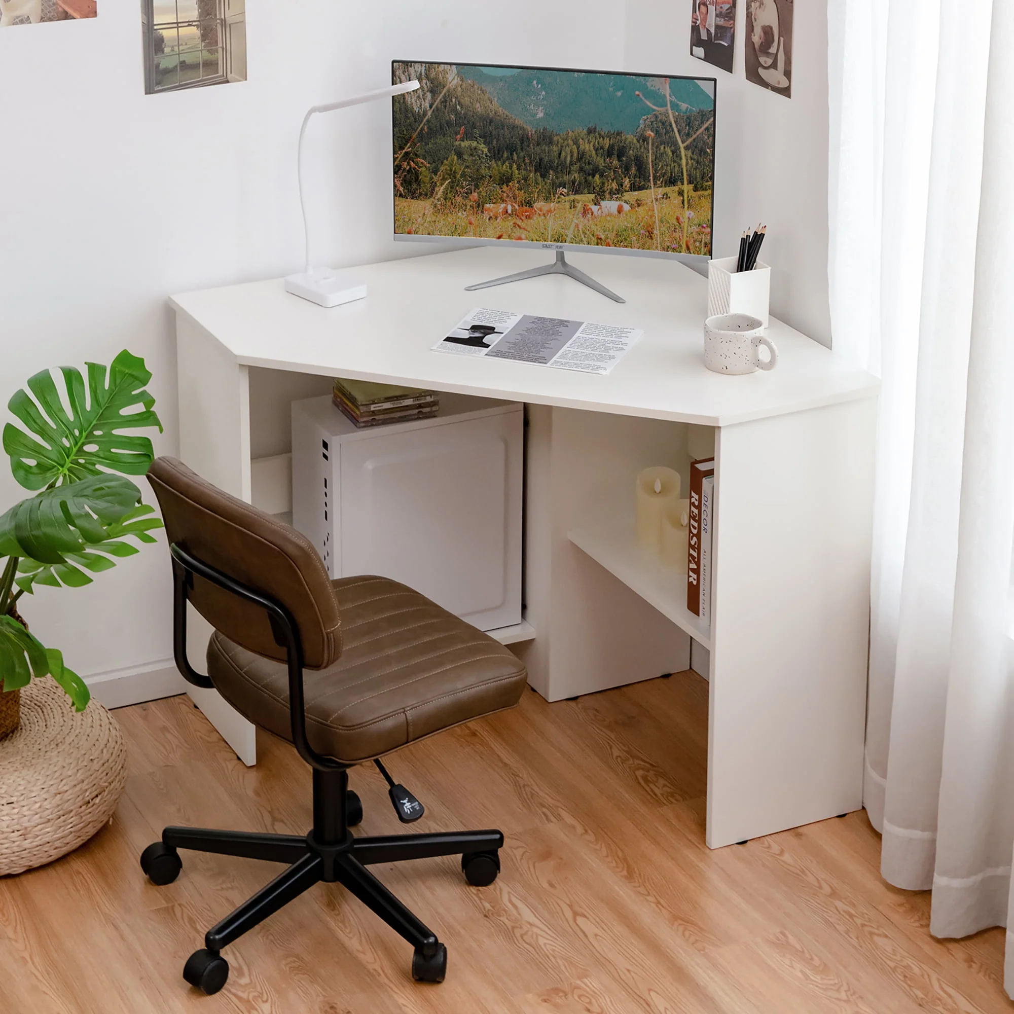 Costway Corner Computer Desk Triangle Writing Workstation w/Storage Shelf Rustic
