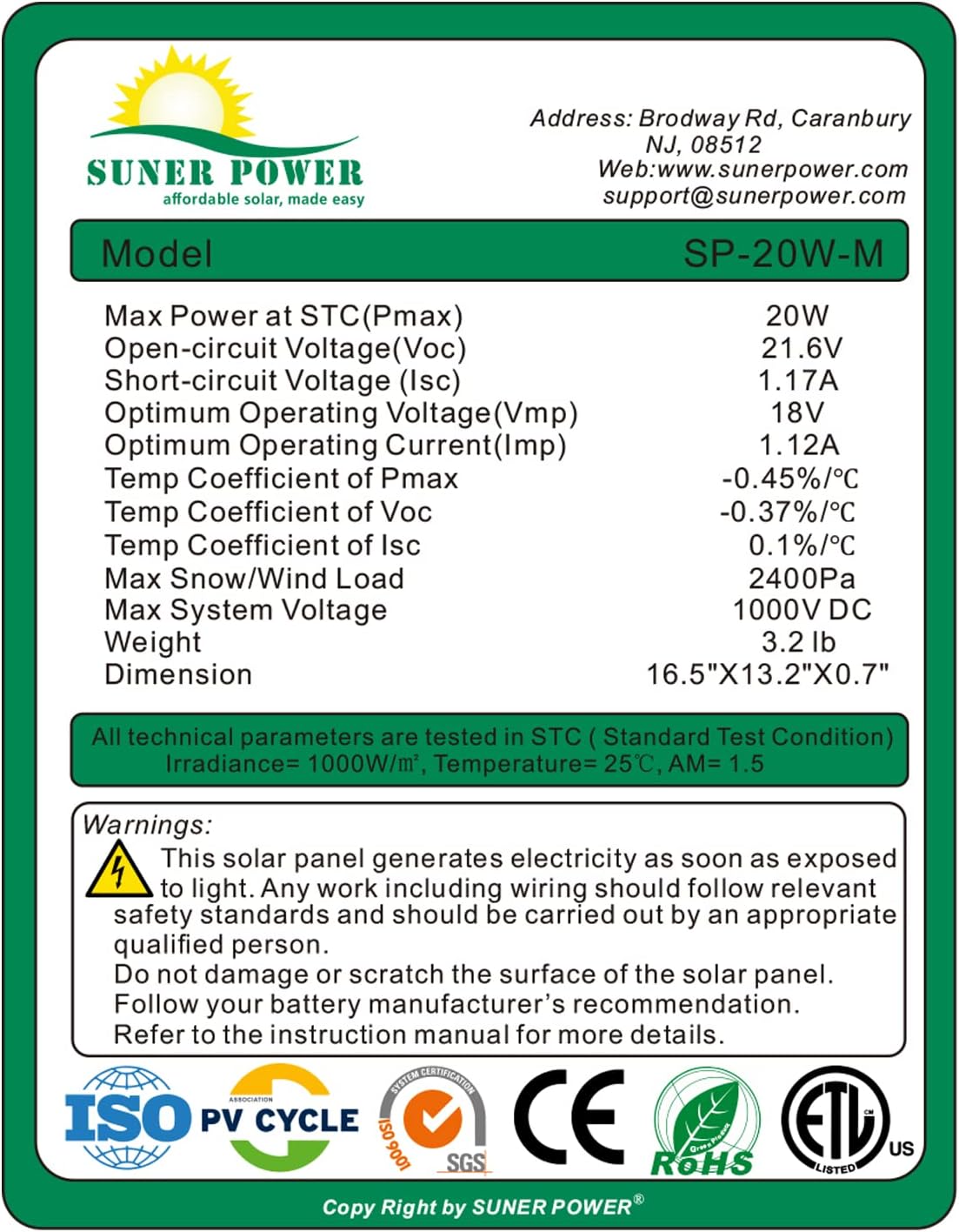 SUNER POWER 50 Watts Mono Crystalline 12V Solar Panel Kits