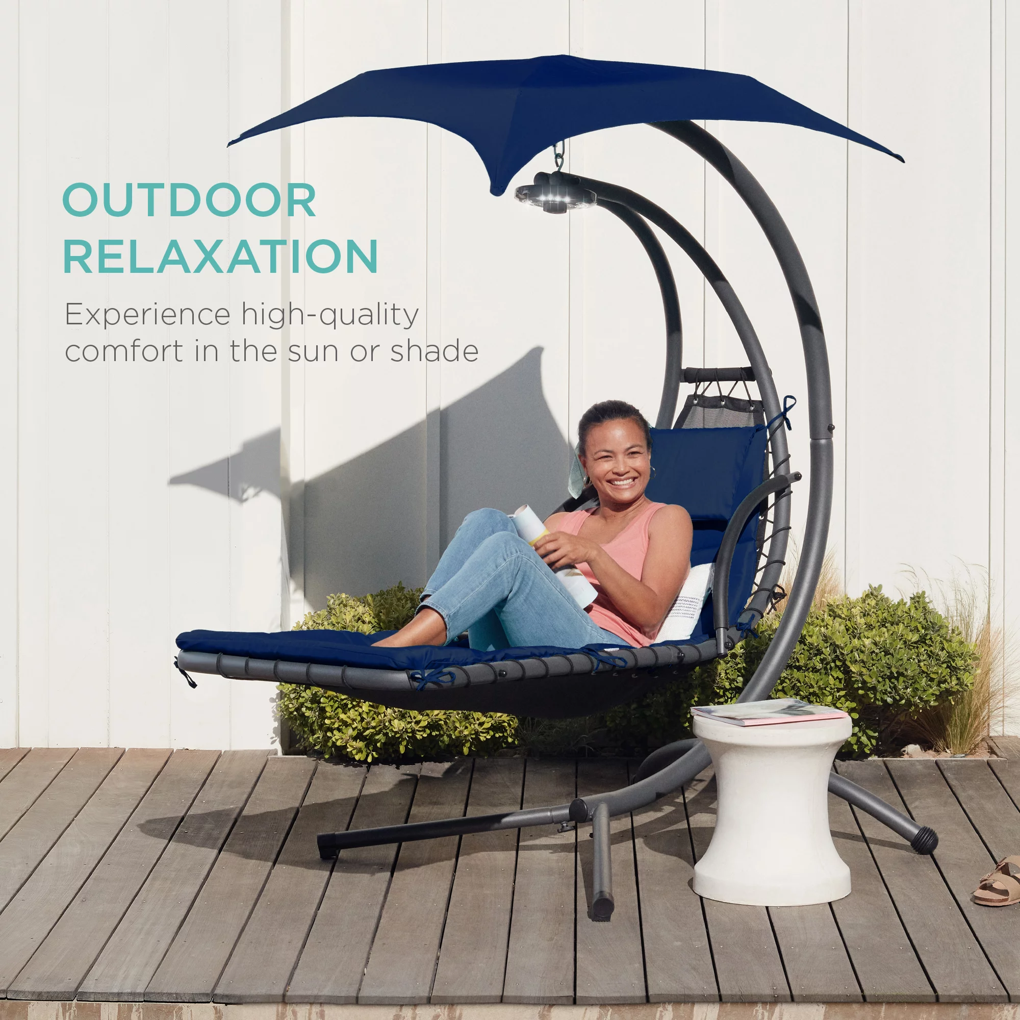 Best Choice Products Hanging Curved Chaise Lounge Chair Swing for Backyard, Patio w/ Pillow, Shade, Stand - Navy Blue - Radiant Selections