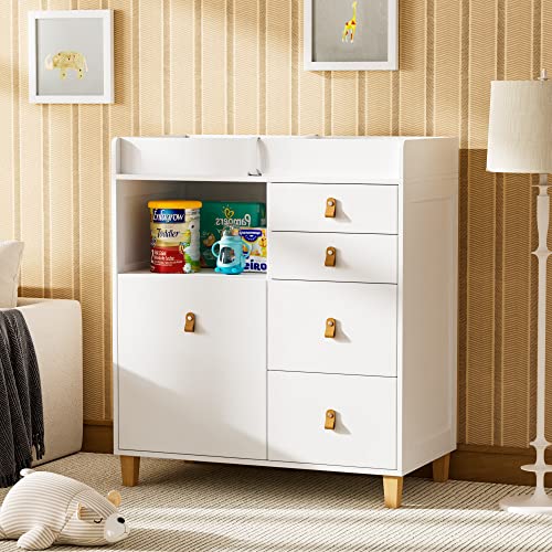 Baby Changing Table Dresser, 33.5" Baby Nursery Dresser with Drawers & Shelf, Wooden Storage Dresser Chest w/Changing Station for Infant Kids Bedroom