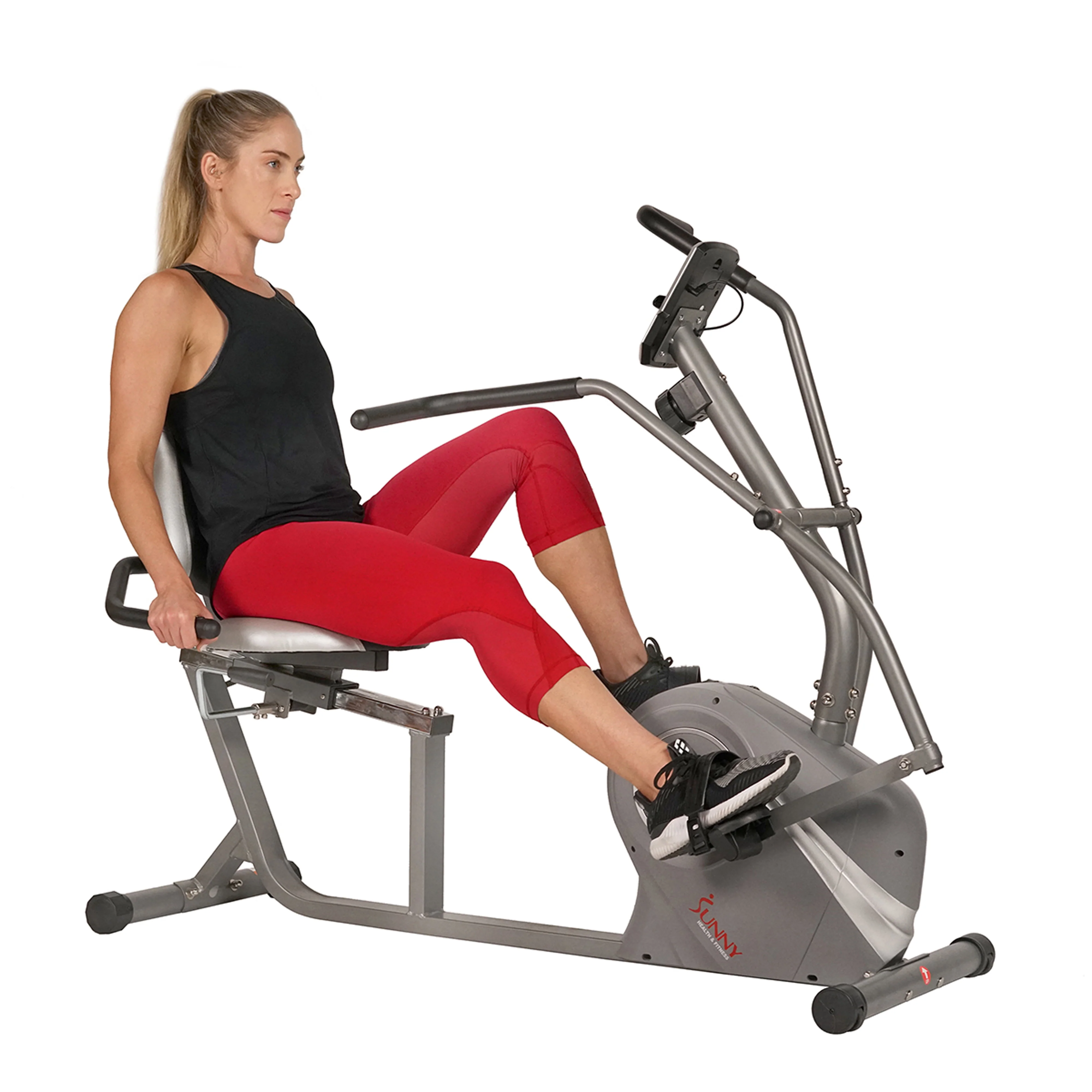 Sunny Health & Fitness Cross Trainer Magnetic Recumbent Bike with Arm Exercisers for Indoor Cardio with Pulse Sensors, SF-RB4936