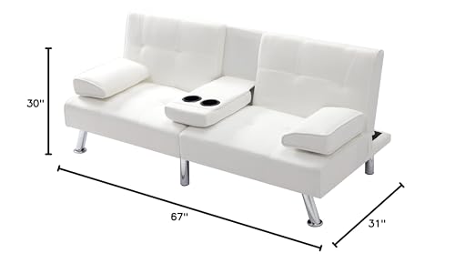 Synthetic Leather Cushion Modern Convertible futon, Adjustable Folding Sofa Bed, Guest Room Bed with Detachable armrests, Two Cup Holders