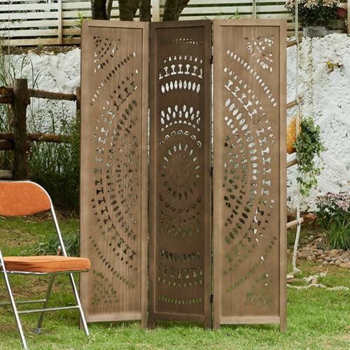 66.9Inch Folding Room Divider, 6 Panels Wood Carved Privacy Screens