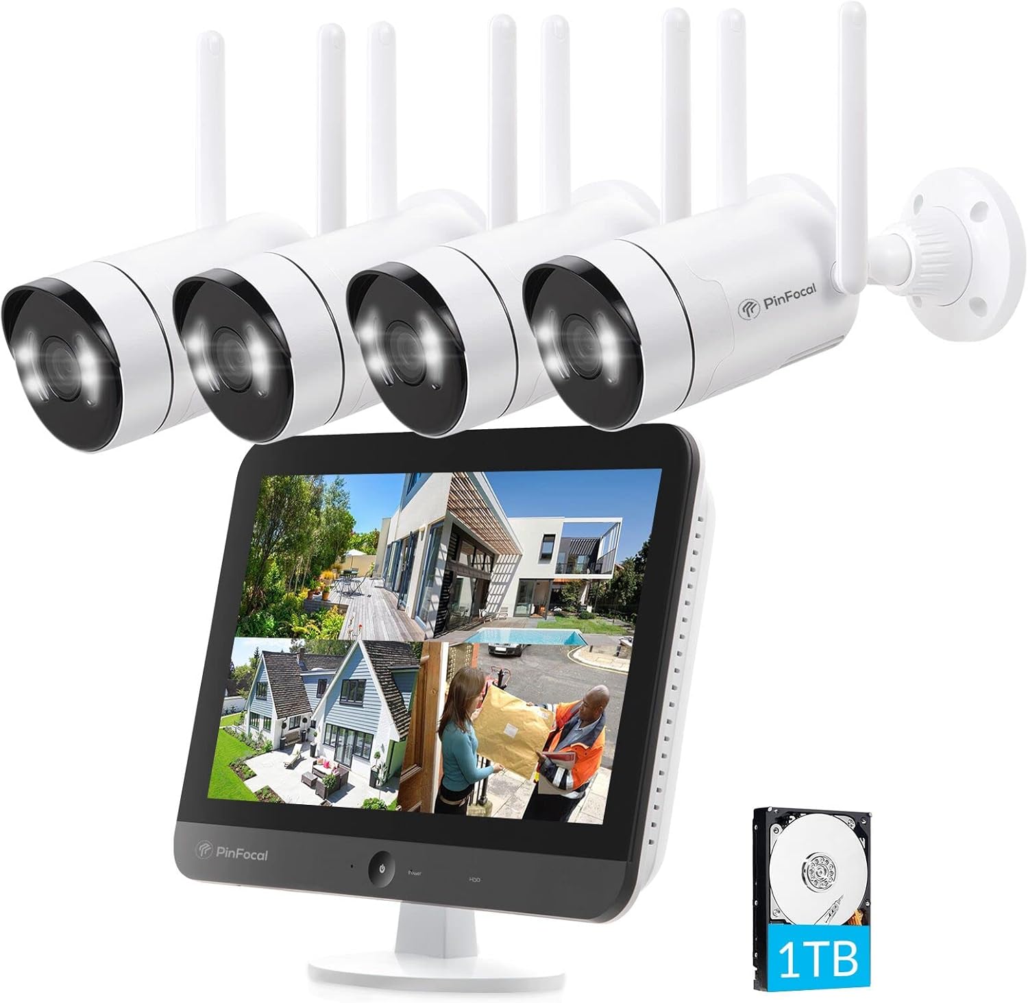 [2K, Long-Range WiFi] PinFocal 8CH All-in-one Outdoor Wireless Security Camera System w/ 12'' Monitor