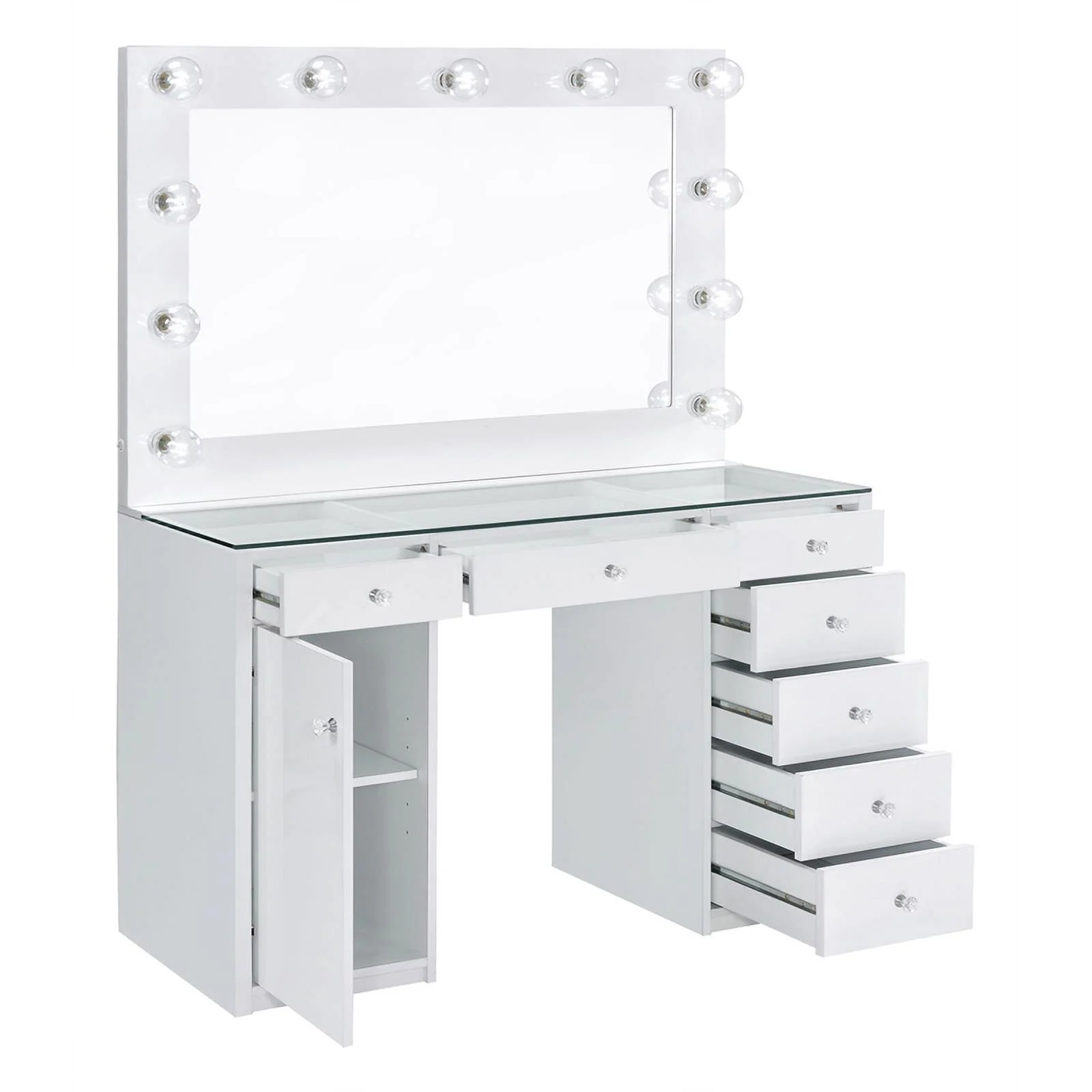 Maklaine 7-Drawer Wood & Glass Vanity Desk with LED Lighting in White