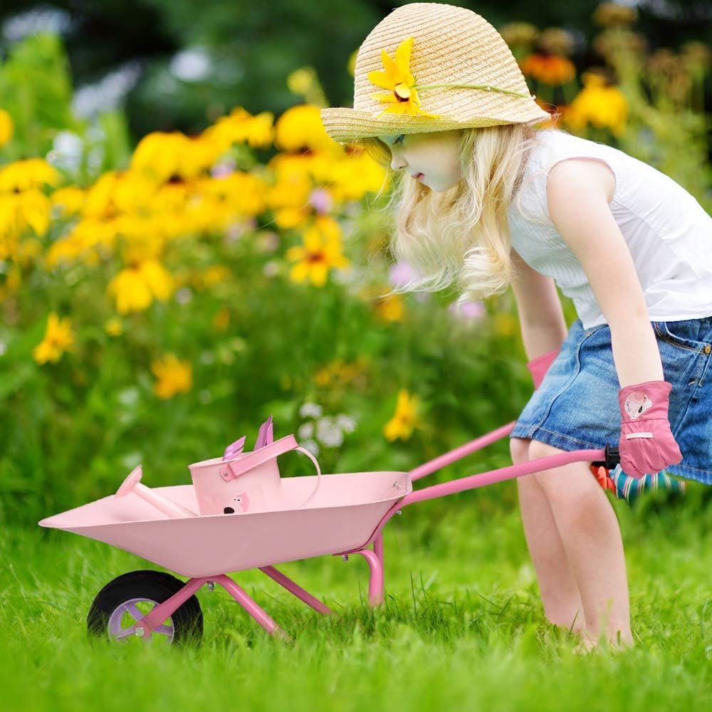 Altdorff Kids Wheelbarrow Set Metal, Child Wheel Barrel Pink Easy to Assemble and Garden Tools Kit Include Hand Rake, Shovel and Mini Rake
