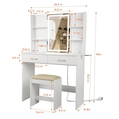 Vanity Set with Lights and Stool, Vanity Desk with Mirror and Lights，Vanity Power Outlet,Vanity Desk with Drawers