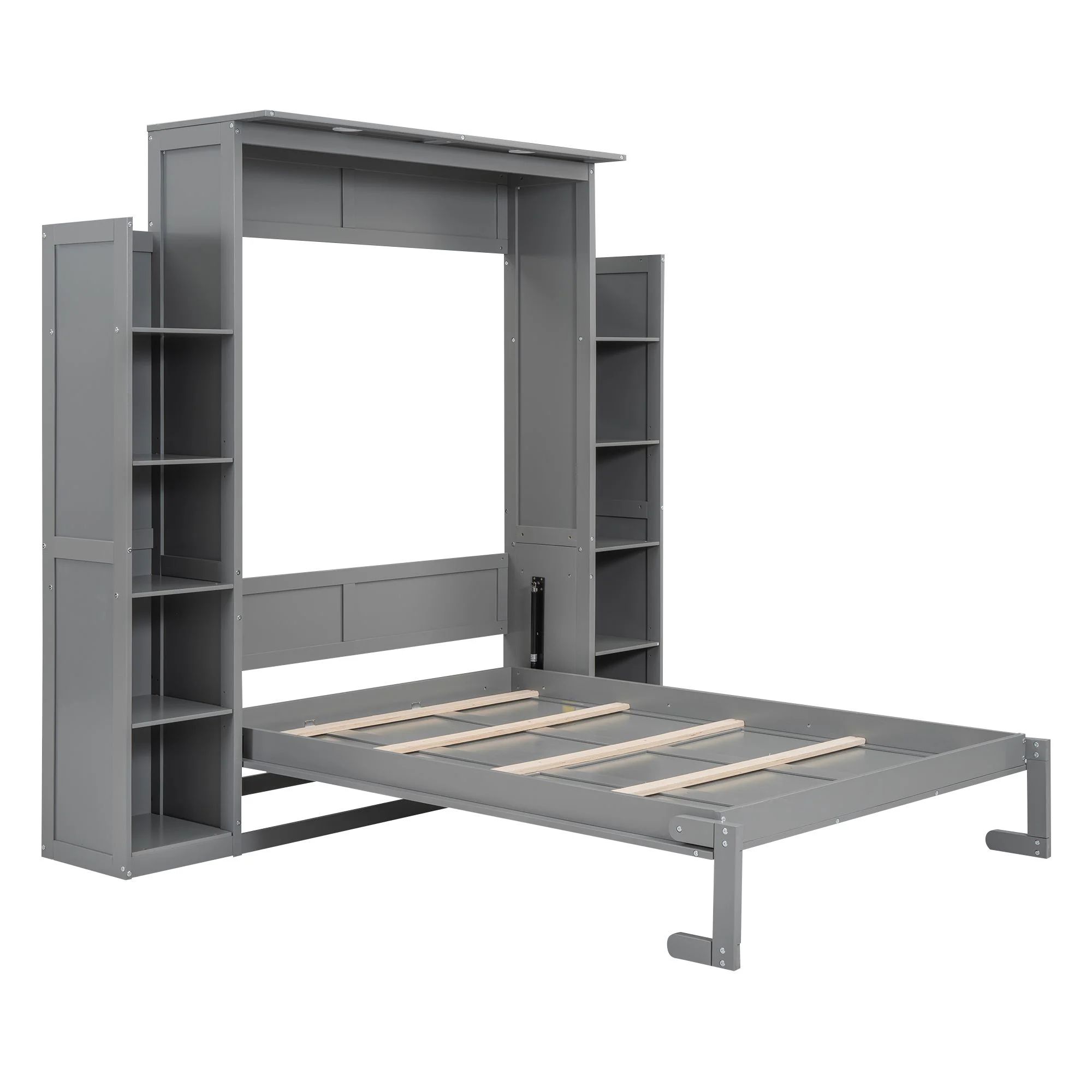 Practical Design Solid Wood Bed Frame Murphy Bed Wall Bed with Shelves and LED Lights, Platform Bed Frame, Mid Century Bedframe, Wood Foundation(Gray