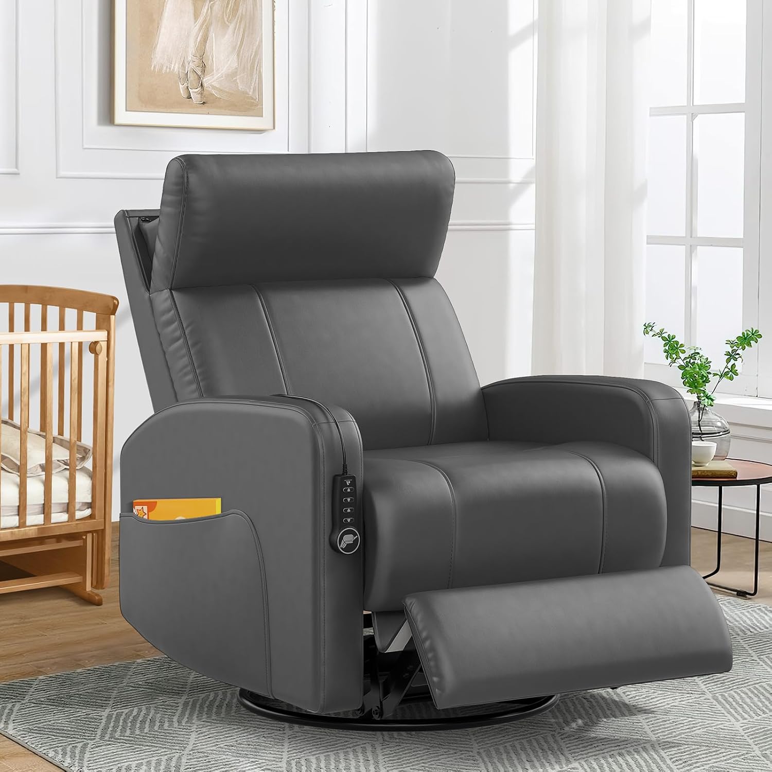 Power Recliner Nursery Glider Chair, Power Adjustable Head Support, 270 Degree Swivel Glider Rocking Chair with USB & Type C Ports