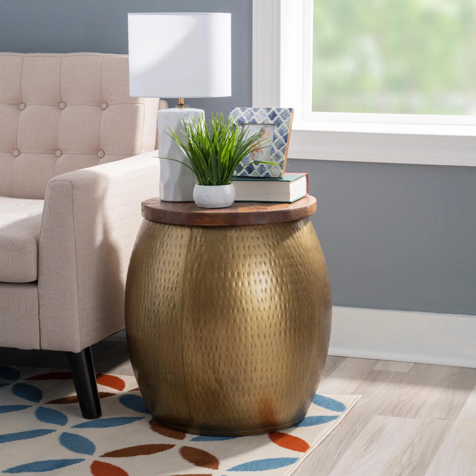 Linon Reid Metal and Wood Drum Side Table with Storage in Gold