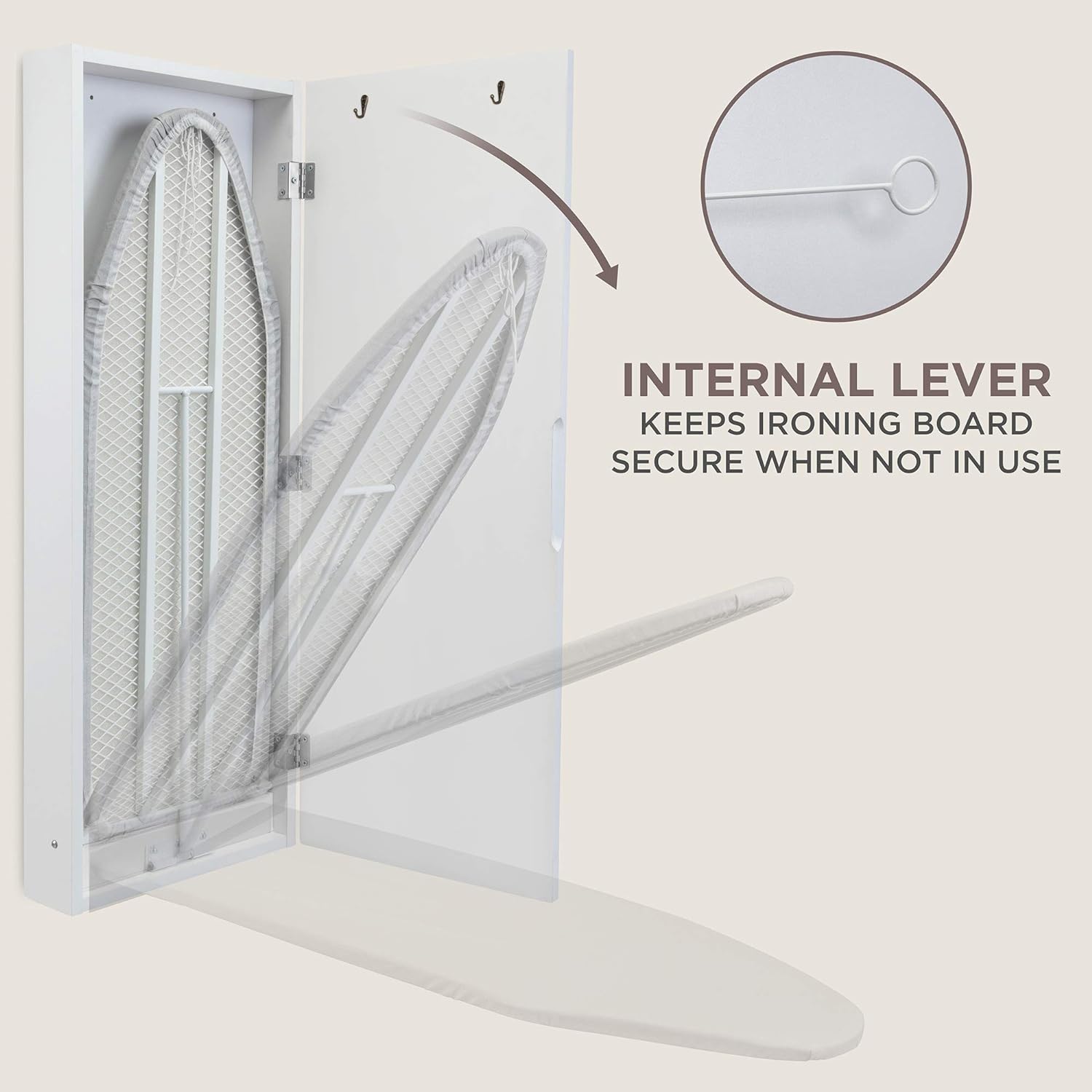Ivation Wall Mounted Ironing Board Cabinet, Foldable Ironing Storage Station for Home, Apartment & Small Spaces, Easy-Release Lever, White