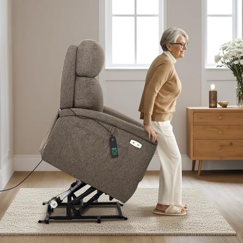 MCombo Power Lift Recliner Chair with Massage and Dual Heating, Adjustable Headrest, Extended Footrest for Elderly People, Fabric R7605 (Dark Grey)