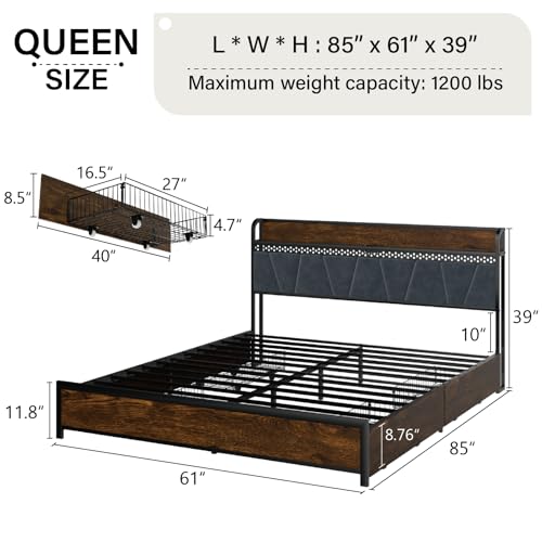 King Size Platform Bed Frame with Upholstered Shelf Headboard and 4 Under-bed Storage Drawers, Outlet with Charging Port & LED Light Design