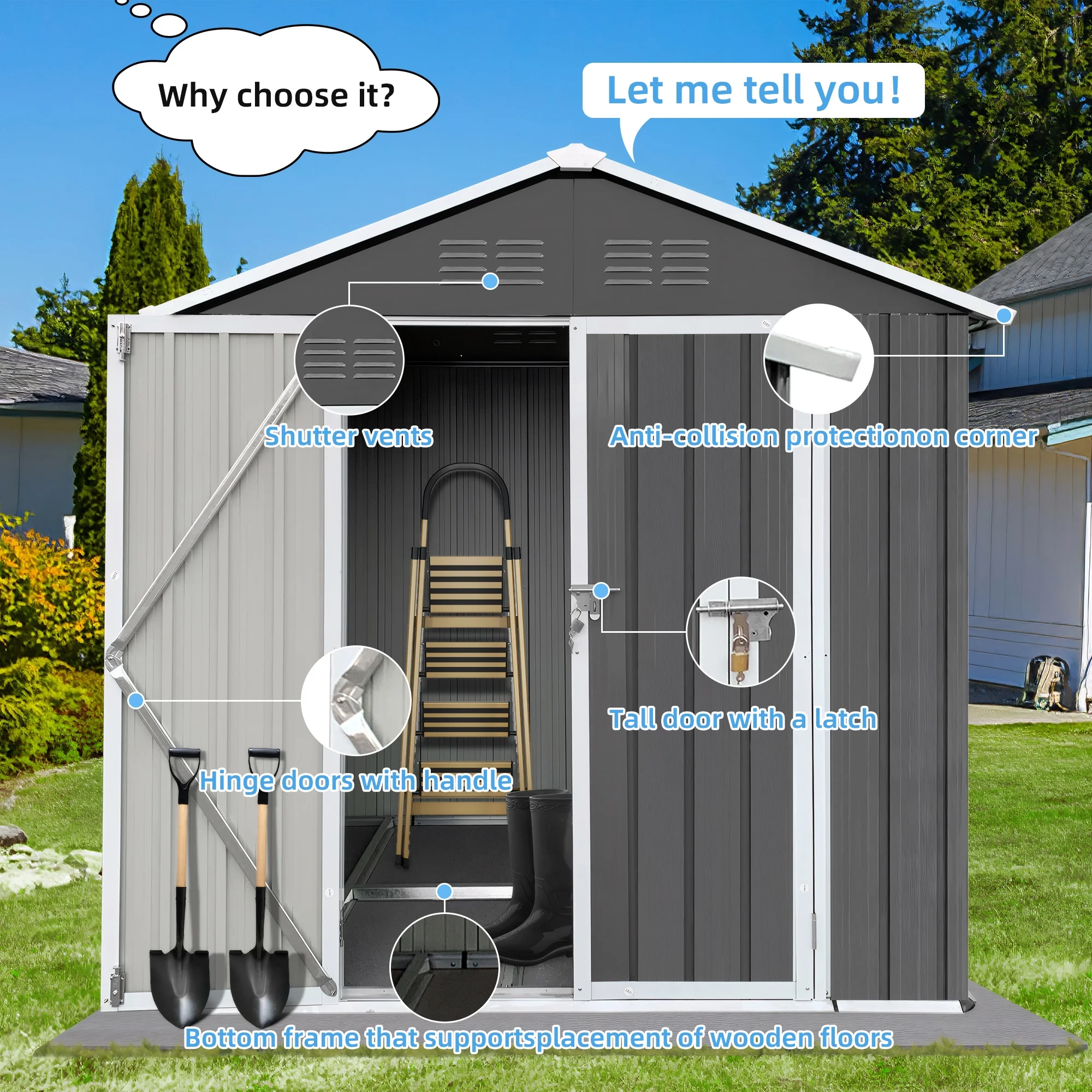 6' x 4' Outdoor Metal Storage Shed, Tools Storage Shed, Galvanized Steel Garden Shed with Lockable Doors, House Outdoor Storage Shed for Backyard