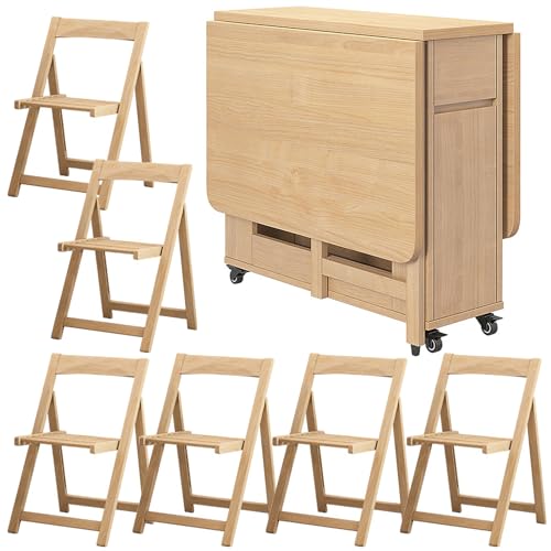 Space Saving Folding Dining Table with 4-6 Chairs, Extendable Drop Leaf Farmhouse Wood Kitchen Dining Room Tables Set for 6