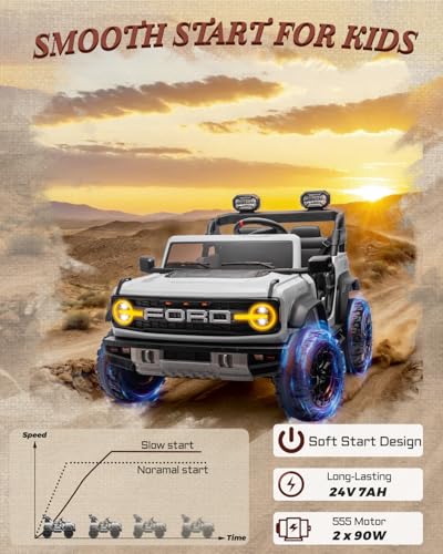 24V Ride on Toys for Big Kids, Licensed Ford Bronco Raptor 2 Seater Ride on Cars with Remote Control, Ride on Truck w/ 4-Wheeler Suspension, 3 Speeds