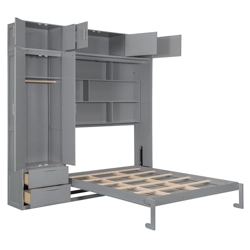 LZ LEISURE ZONE Full Size Murphy Bed, Wood Space Saving Foldable Wall Bed with Desk, Top Cabinet and Storage Shelves, White