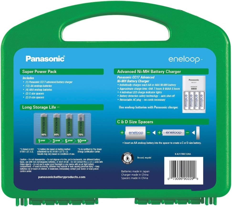 Panasonic K-KJ17MC124A eneloop Super Power Pack 12AA, 4AAA, 2 C Adapters, 2 D Adapters, “Advanced” Individual Battery Charger and Plastic Storage